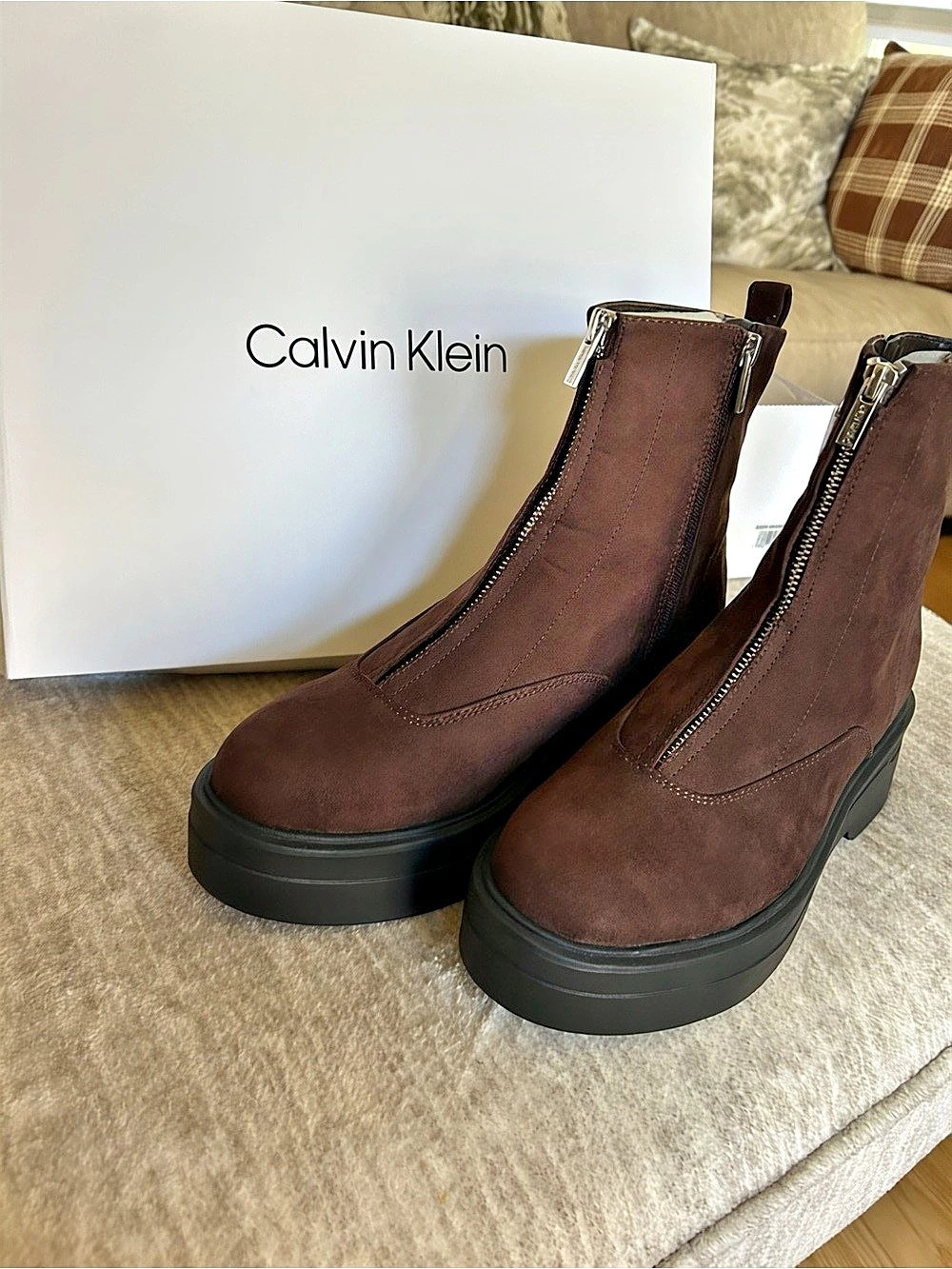 Calvin Klein Rivin Front Zip Platform Booties Brown Suede NWT